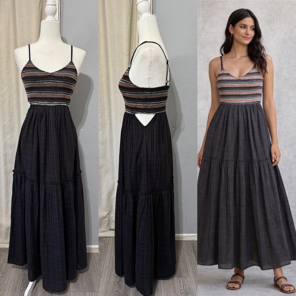 Cotton Blend En Creme Smocked Chevron Cut-Out Tiered Maxi Dress Grey Size S Boho